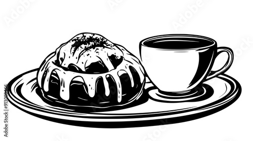 Plate with a cinnamon roll, icing drizzle, and a cup of coffee, vector illustration art