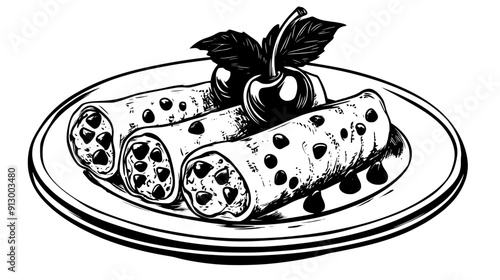 Plate with three cannoli filled with sweet ricotta and chocolate chips, garnished with a cherry, vector illustration art