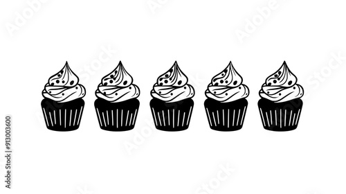 Row of cupcakes with sprinkles and generous frosting, vector illustration art