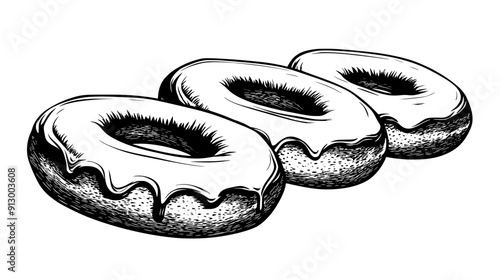 Row of filled donuts with a smooth surface and a filling indicated by a hole, vector illustration art