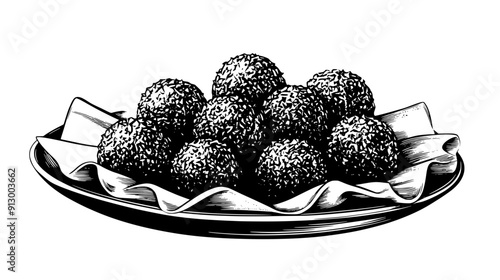 Selection of coconut balls and rum balls on a platter with decorative cloth, vector illustration art