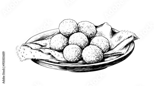 Selection of coconut balls and rum balls on a platter with decorative cloth, vector illustration art