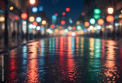 Wet city street at night with colorful blurred lights reflecting on the pavement