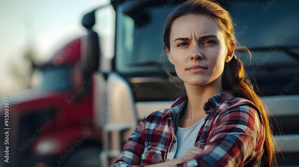 Confident Truck Driver Woman Strong Determined Urban Setting Inspiring Journey Outdoor Adventure Logistics Confident Truck Driver Woman Strong Determined Urban Setting Inspiring Journey Outdoor Adventure Logistics