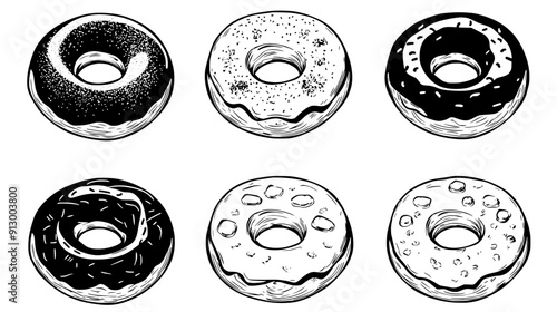 Donuts with various toppings, including sprinkles, nuts, and chocolate, vector illustration art