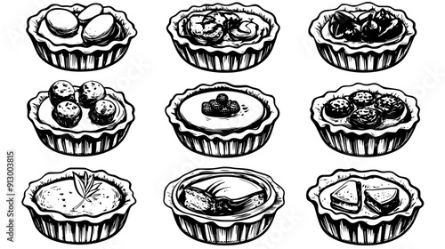 Series of tartlets with different fillings, arranged neatly, vector illustration art