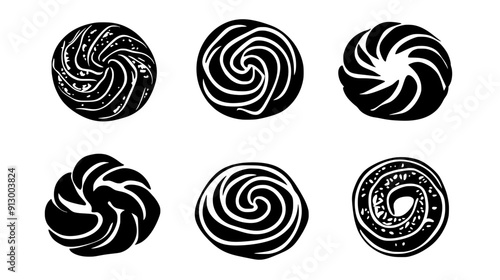 Set of Danish pastries with swirl patterns and fillings, vector illustration art