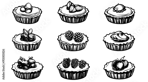 Series of tartlets with different fillings, arranged neatly, vector illustration art
