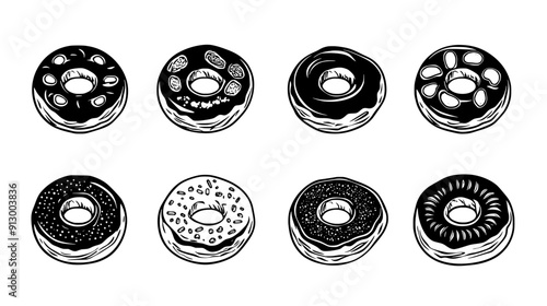 Donuts with various toppings, including sprinkles, nuts, and chocolate, vector illustration art