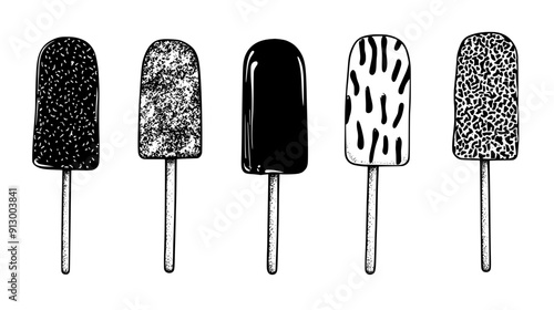 Set of ice cream tubs, with scoops removed, showing different flavors, vector illustration art