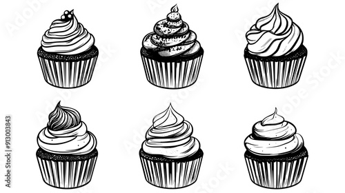 Set of cupcakes with different frosting and decoration types, vector illustration art