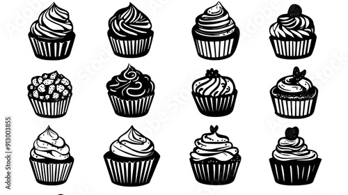 Set of cupcakes with different frosting and decoration types, vector illustration art