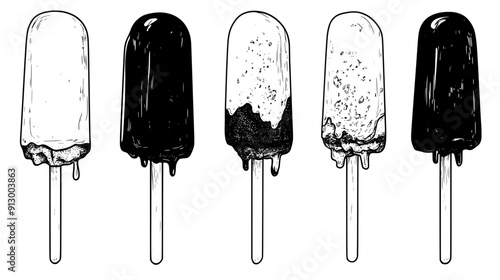 Set of ice cream tubs, with scoops removed, showing different flavors, vector illustration art