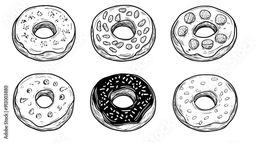 Donuts with various toppings, including sprinkles, nuts, and chocolate, vector illustration art