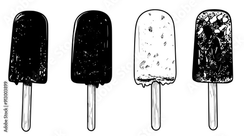 Set of ice cream tubs, with scoops removed, showing different flavors, vector illustration art