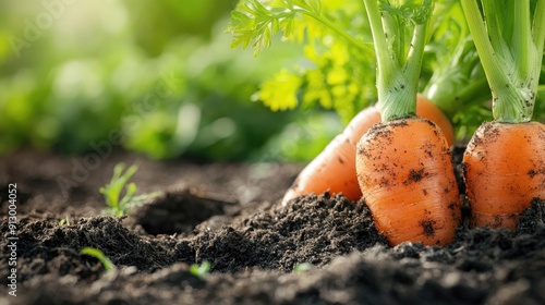 Close-up of freshly picked carrots, still covered in soil, with the garden bed in the background, showing their natural state.