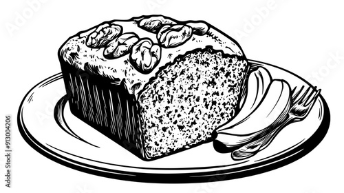 Slice of banana bread with visible banana chunks and a side of walnuts, vector illustration art