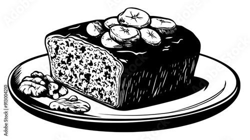 Slice of banana bread with visible banana chunks and a side of walnuts, vector illustration art