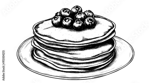 Stack of pancakes topped with fresh blueberries and a side of butter, vector illustration art