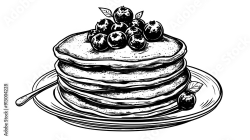 Stack of pancakes topped with fresh blueberries and a side of butter, vector illustration art