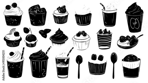 Spread of dessert items, including mousse cups and candy jars, organized by type, vector illustration art