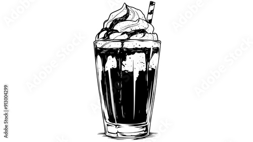 Tall glass filled with layers of chocolate ice cream, whipped cream, and fudge sauce, vector illustration art