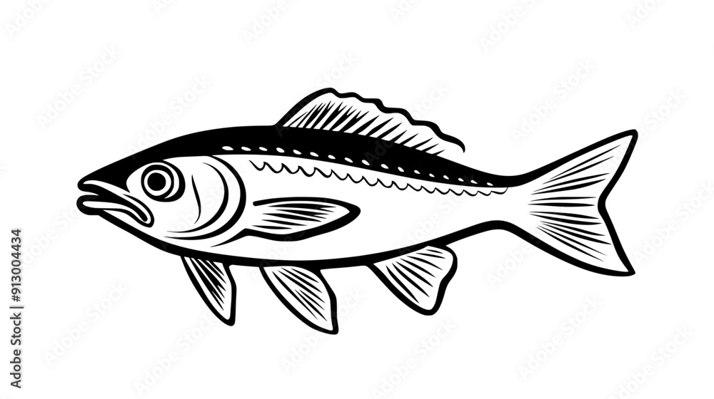 Image of a single fish, depicted as an outline with a fin and tail, vector illustration art Image of a single fish, depicted as an outline with a fin and tail, vector illustration art