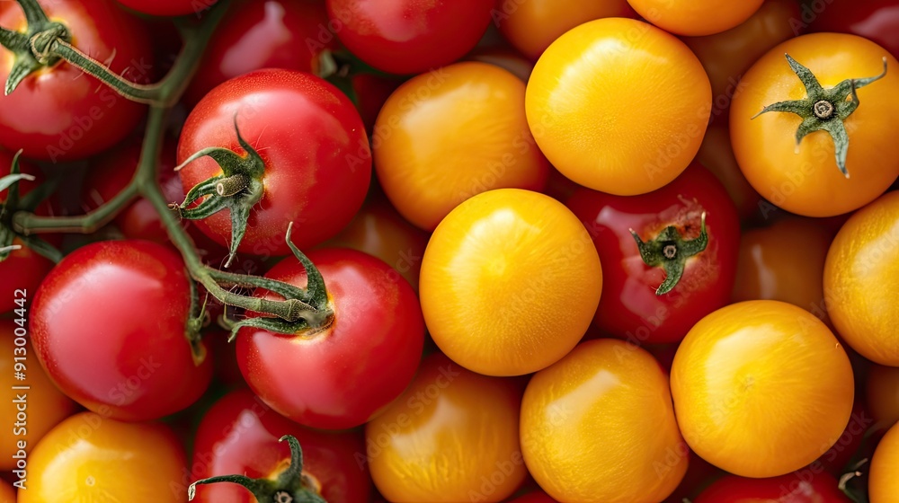Close-up of organic red and yellow tomatoes, perfect for a fresh food background. Close-up of organic red and yellow tomatoes, perfect for a fresh food background.