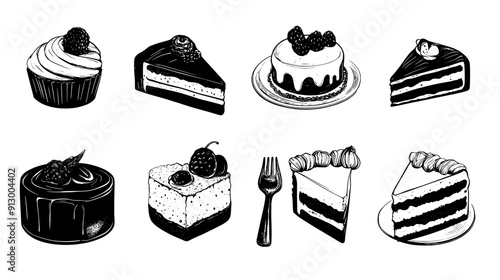 An array of various desserts, including a cake, pie, and pastries, organized neatly on a light background, vector illustration art
