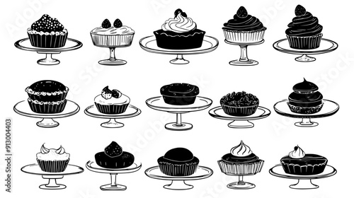 An array of desserts like tarts, muffins, and éclairs presented on multiple glass plates, vector illustration art
