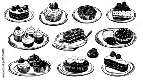 An array of desserts like tarts, muffins, and éclairs presented on multiple glass plates, vector illustration art