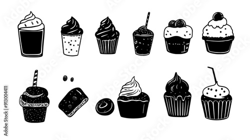 An arrangement of sweets such as pudding, éclairs, and cupcakes showcased in a simple, clean layout, vector illustration art
