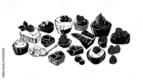 An assortment of bite-sized desserts including panna cotta, fruit tarts, and assorted chocolates, vector illustration art