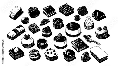 An assortment of bite-sized desserts including panna cotta, fruit tarts, and assorted chocolates, vector illustration art