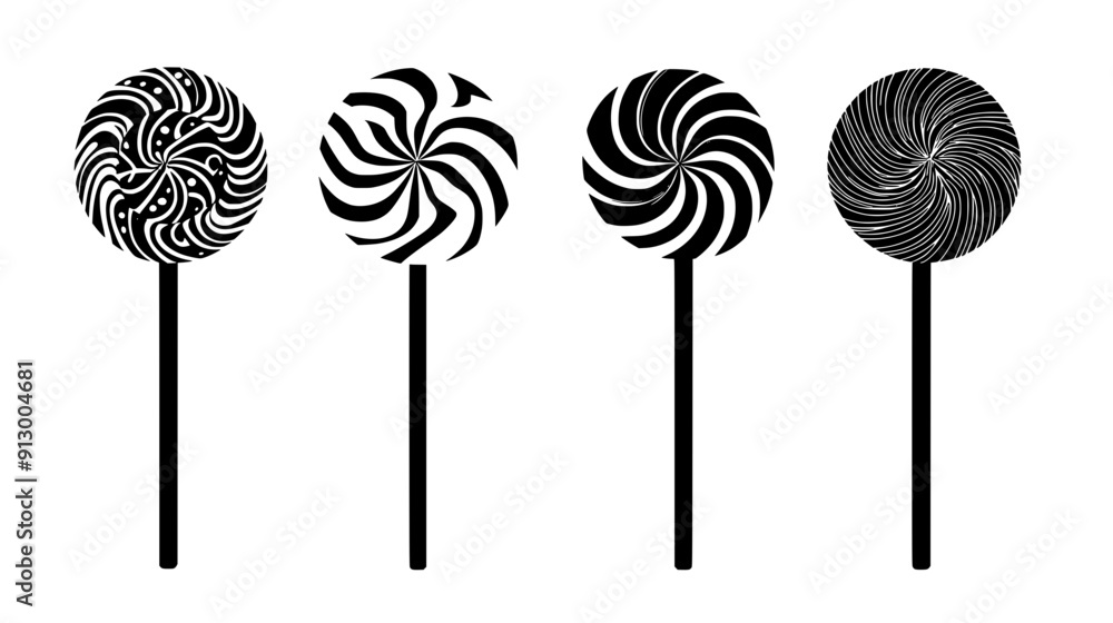 Five lollipops with distinct shapes and patterns, presented in an upright, parallel arrangement, vector illustration art Five lollipops with distinct shapes and patterns, presented in an upright, parallel arrangement, vector illustration art