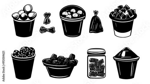 Containers of various sizes and shapes designed for candies and sweet treats, displayed neatly, vector illustration art