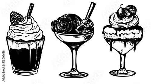Diverse desserts such as parfait, cinnamon roll, and cheesecake set against a neutral background, vector illustration art