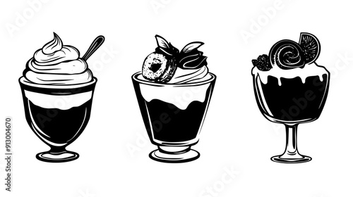 Diverse desserts such as parfait, cinnamon roll, and cheesecake set against a neutral background, vector illustration art