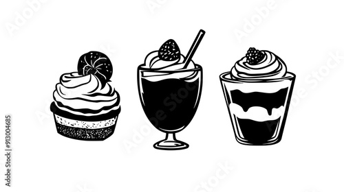 Diverse desserts such as parfait, cinnamon roll, and cheesecake set against a neutral background, vector illustration art