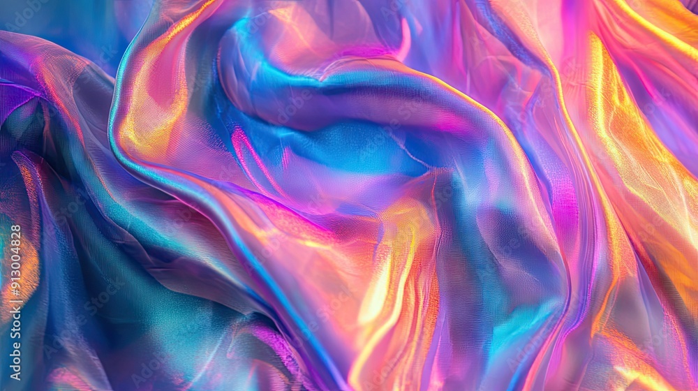Abstract iridescent fabric collage, featuring vibrant holographic textures for backdrop use. Abstract iridescent fabric collage, featuring vibrant holographic textures for backdrop use.