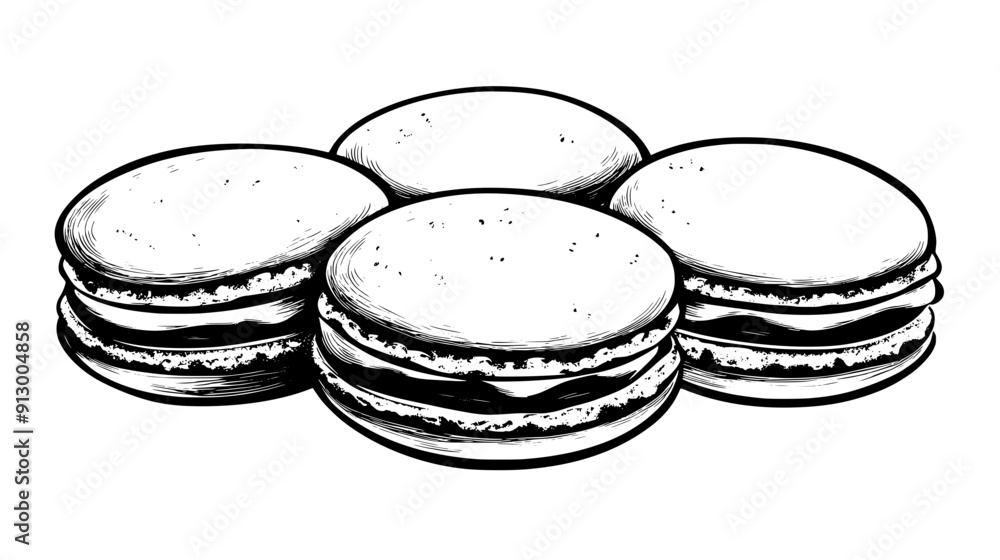 Three macarons placed in an overlapping formation, highlighting the smooth surface and uniform size, vector illustration art Three macarons placed in an overlapping formation, highlighting the smooth surface and uniform size, vector illustration art