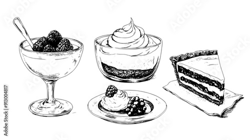 Several dessert dishes, including tiramisu, crème brûlée, and pie, depicted with clear visual separation, vector illustration art