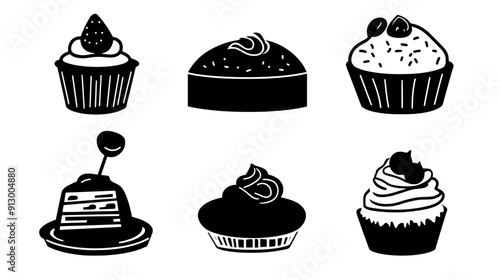 Various dessert items, including a flan, tart, and cupcake, organized methodically without overlapping elements, vector illustration art