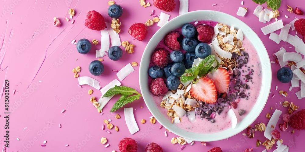 Pink smoothie bowl with berries, coconut and granola. Pink smoothie bowl with berries, coconut and granola.