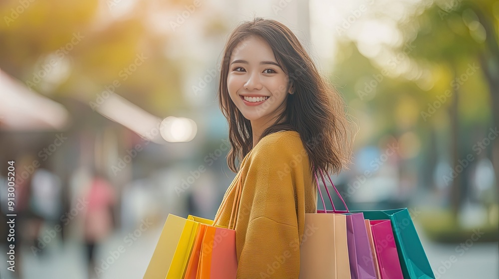 Asian woman with shopping bags, standing outdoors with a joyful expression. Urban setting with ample space for text.