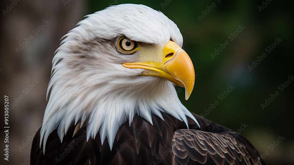 Obraz premium A bald eagle with a yellow beak and yellow eyes
