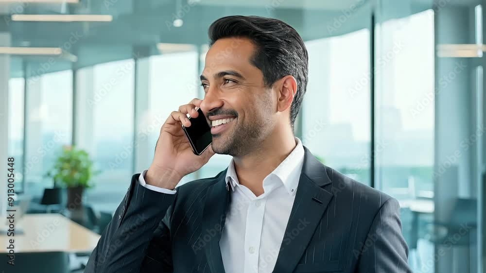 Smiling businessman on a phone call in the office
Smiling businessman on a phone call in the office