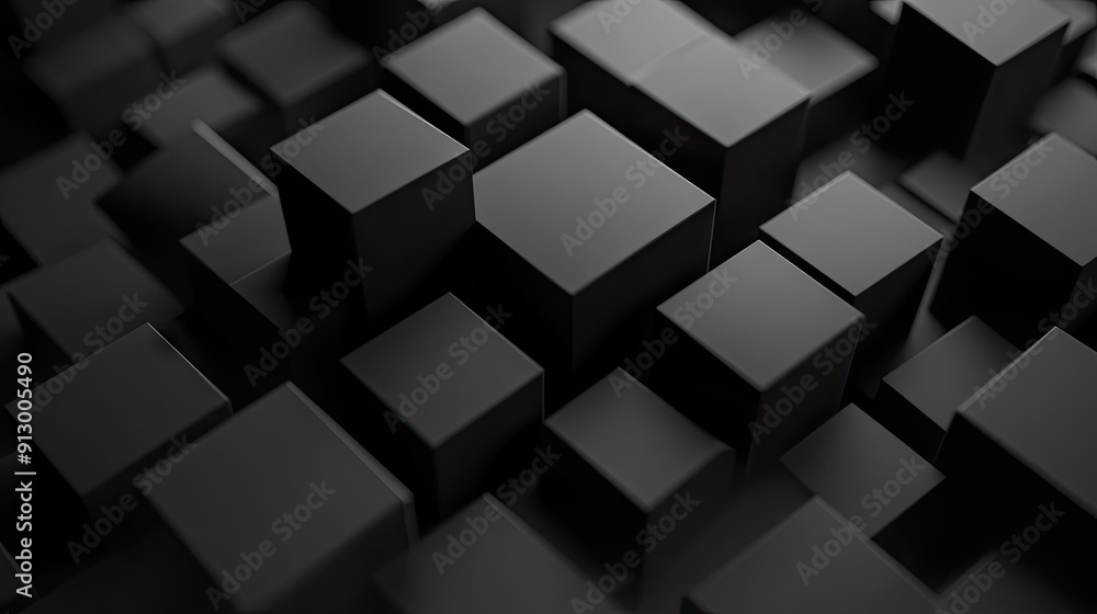 Black background with scattered 3D geometric blocks. Abstract and minimalistic. Black background with scattered 3D geometric blocks. Abstract and minimalistic.