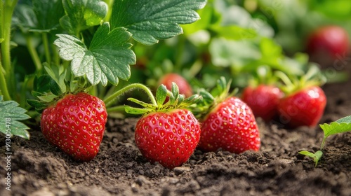 Close-up view of juicy strawberries in a garden bed, their vivid red color and green leaves creating a delicious scene.