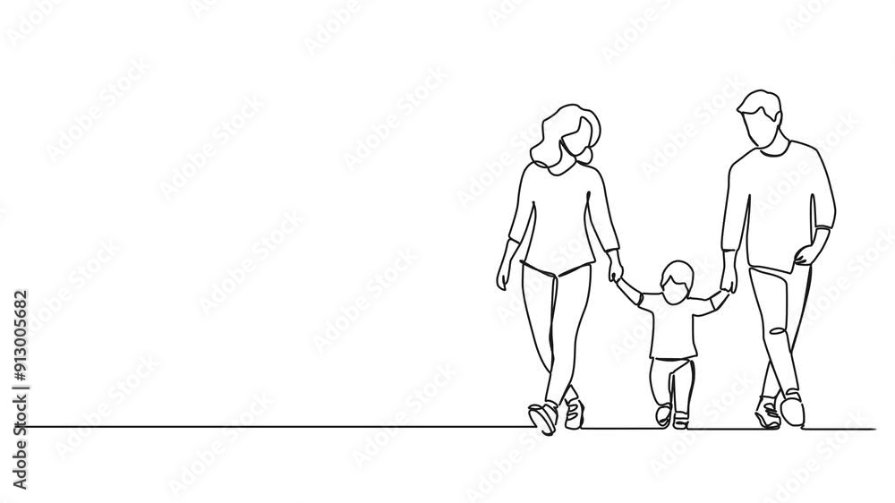 animated continuous single line drawing of mom and dad walking hand in hand with toddler, line art animation animated continuous single line drawing of mom and dad walking hand in hand with toddler, line art animation